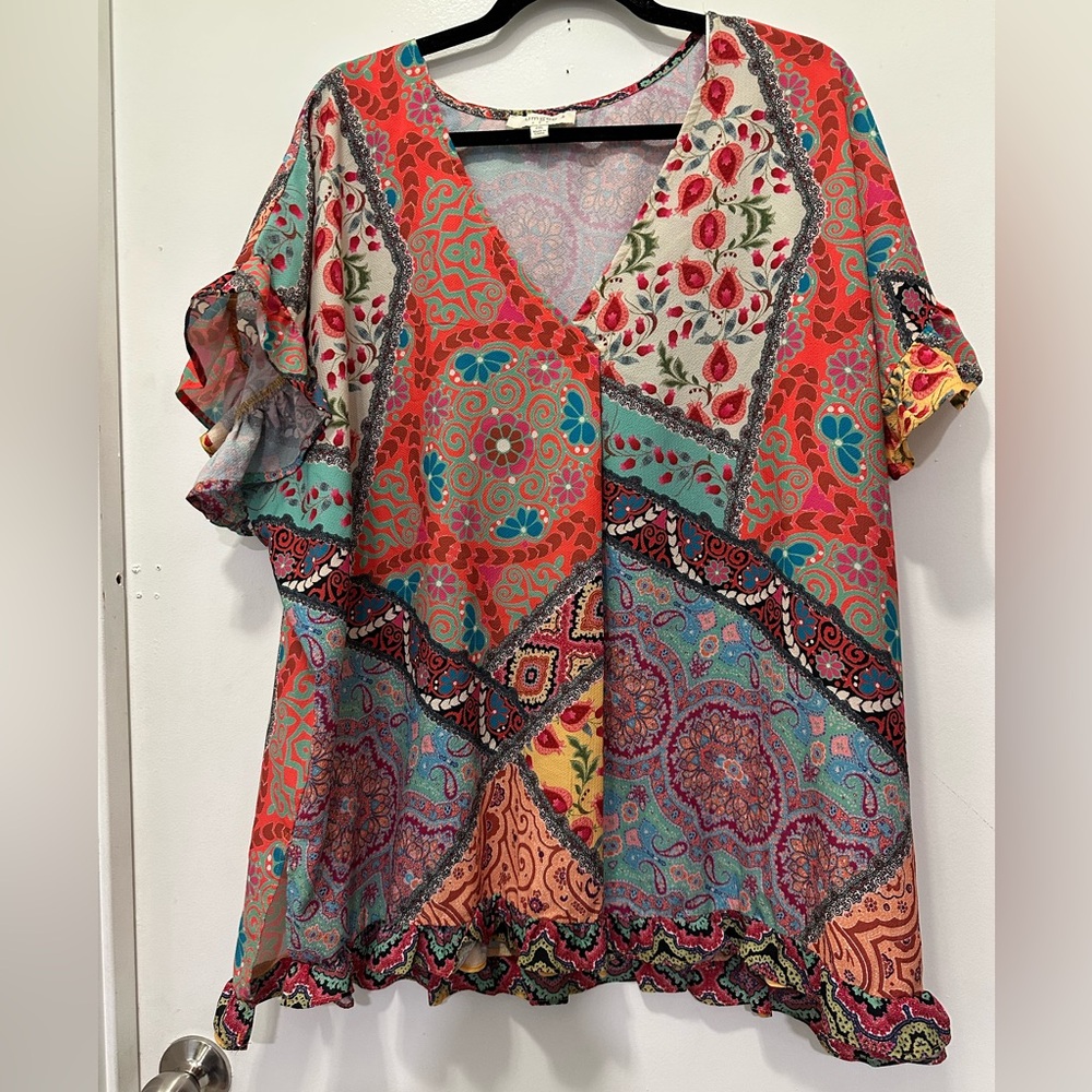 Women's Patchwork V-Neck Blouse in Coral & Turquoise